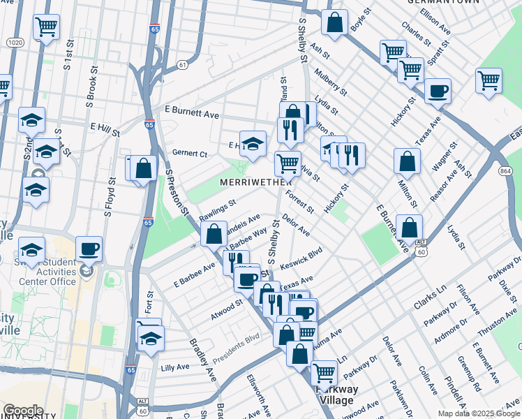 map of restaurants, bars, coffee shops, grocery stores, and more near 627 East Brandeis Avenue in Louisville