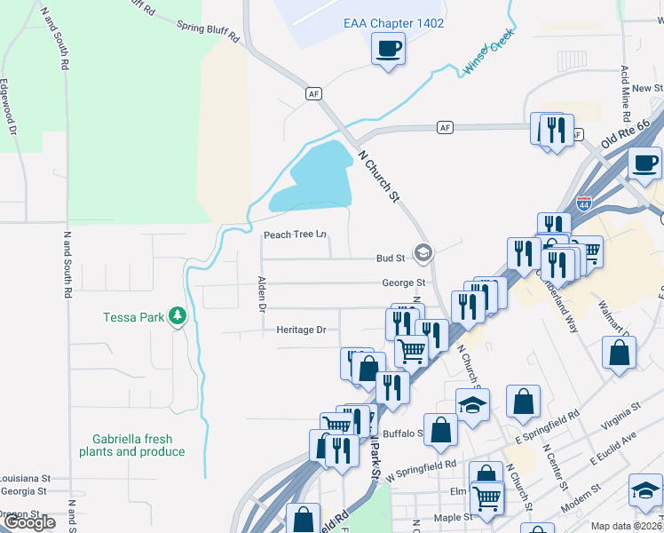 map of restaurants, bars, coffee shops, grocery stores, and more near 224 Bud Street in Sullivan