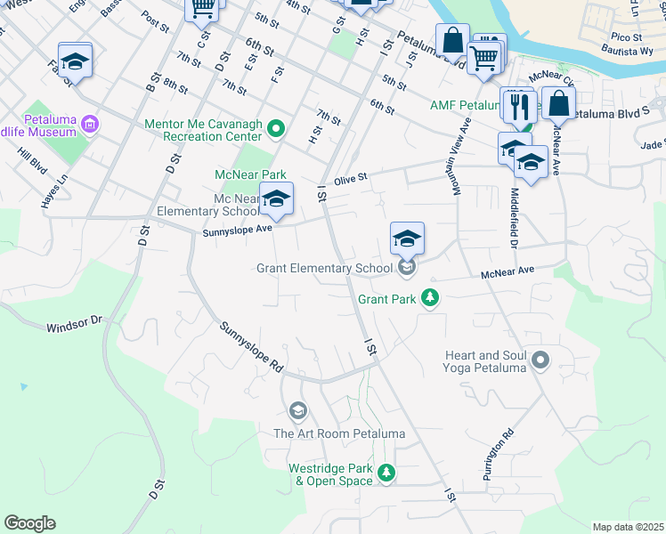 map of restaurants, bars, coffee shops, grocery stores, and more near 1170 I Street in Petaluma