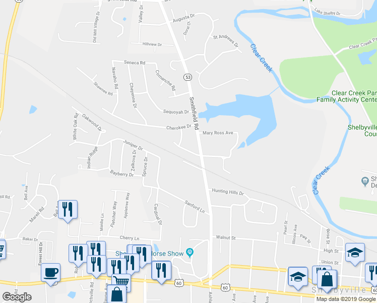 map of restaurants, bars, coffee shops, grocery stores, and more near 4B Seminole Drive in Shelbyville