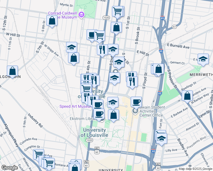 map of restaurants, bars, coffee shops, grocery stores, and more near 1800 South 2nd Street in Louisville