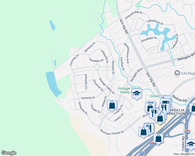 map of restaurants, bars, coffee shops, grocery stores, and more near 685 Vintage Valley Drive in Fairfield