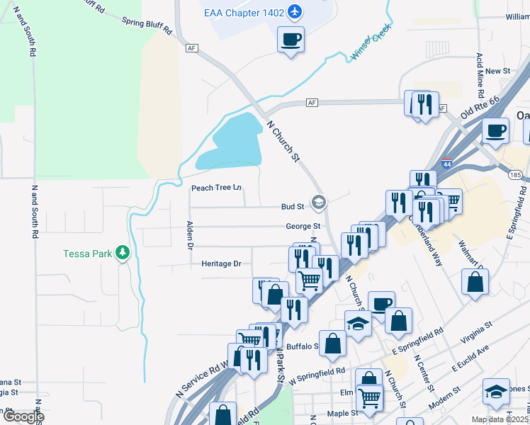 map of restaurants, bars, coffee shops, grocery stores, and more near 224 Bud Street in Sullivan