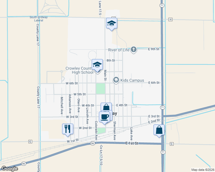 map of restaurants, bars, coffee shops, grocery stores, and more near 525 Main Street in Ordway
