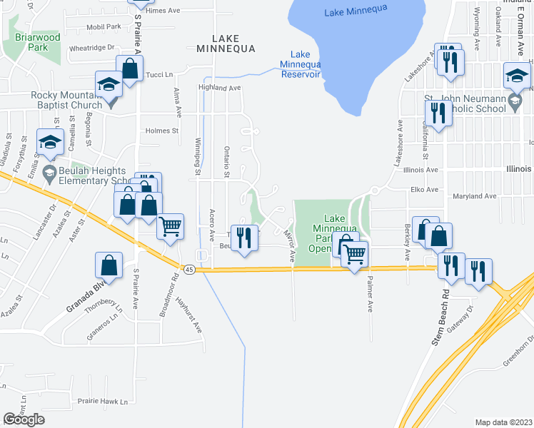 map of restaurants, bars, coffee shops, grocery stores, and more near 2906 Mirror Avenue in Pueblo