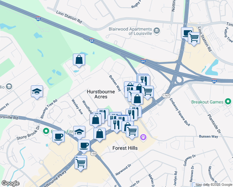 map of restaurants, bars, coffee shops, grocery stores, and more near 9420 Bunsen Parkway in Louisville