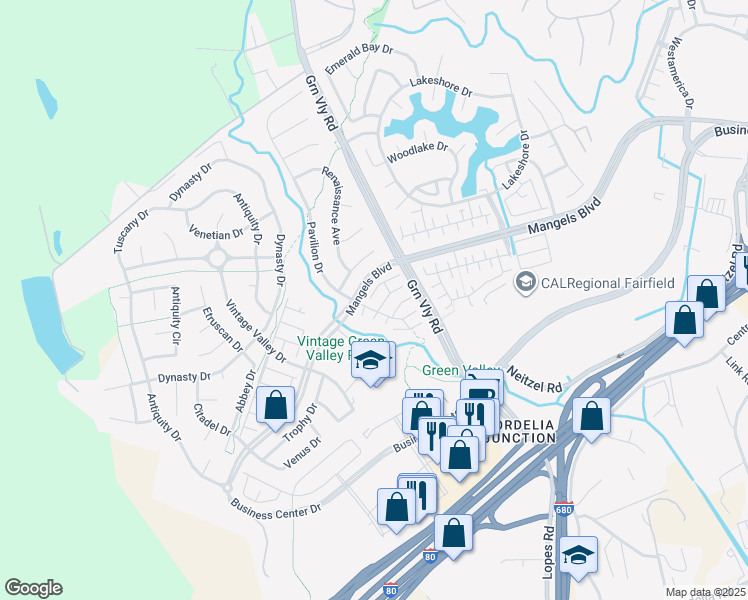 map of restaurants, bars, coffee shops, grocery stores, and more near 5066 Equestrian Court in Fairfield