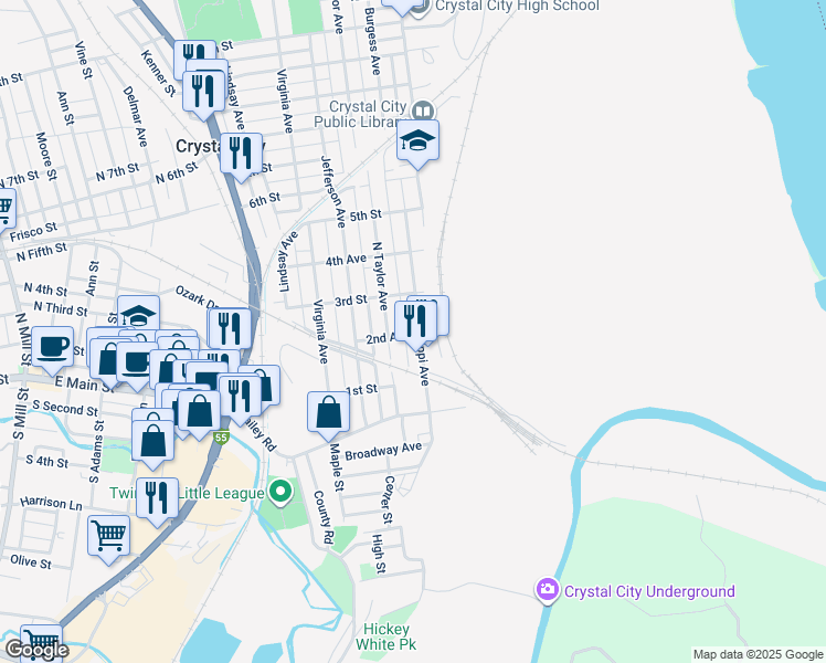 map of restaurants, bars, coffee shops, grocery stores, and more near 201 Mississippi Avenue in Crystal City