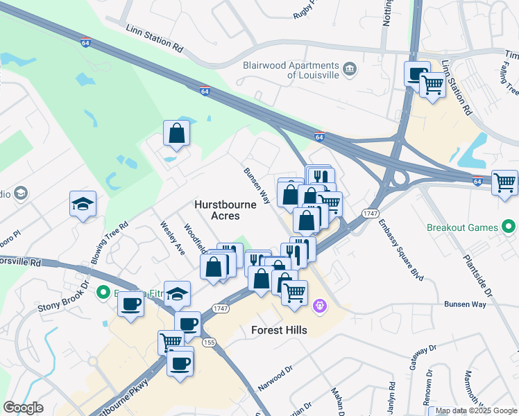 map of restaurants, bars, coffee shops, grocery stores, and more near 9400 Bunsen Way in Hurstbourne Acres