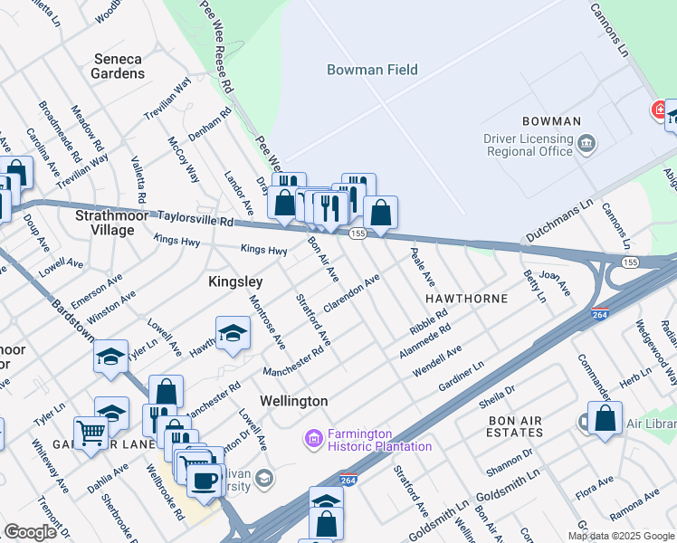 map of restaurants, bars, coffee shops, grocery stores, and more near 2912 Beaumont Road in Louisville