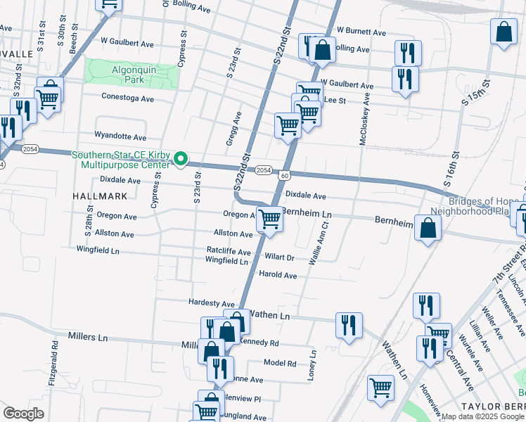 map of restaurants, bars, coffee shops, grocery stores, and more near 1805 Oregon Avenue in Louisville