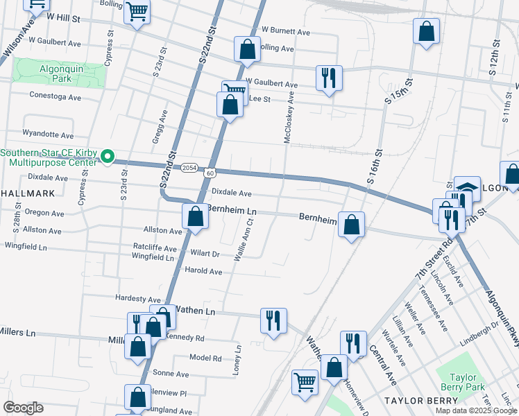 map of restaurants, bars, coffee shops, grocery stores, and more near 1763 Bernheim Lane in Louisville