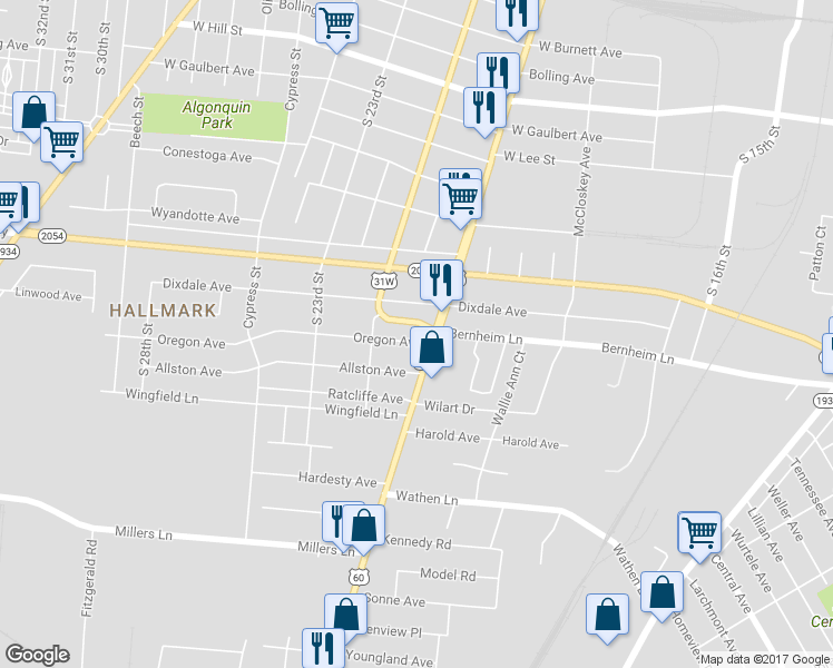 map of restaurants, bars, coffee shops, grocery stores, and more near 1807 Oregon Avenue in Louisville