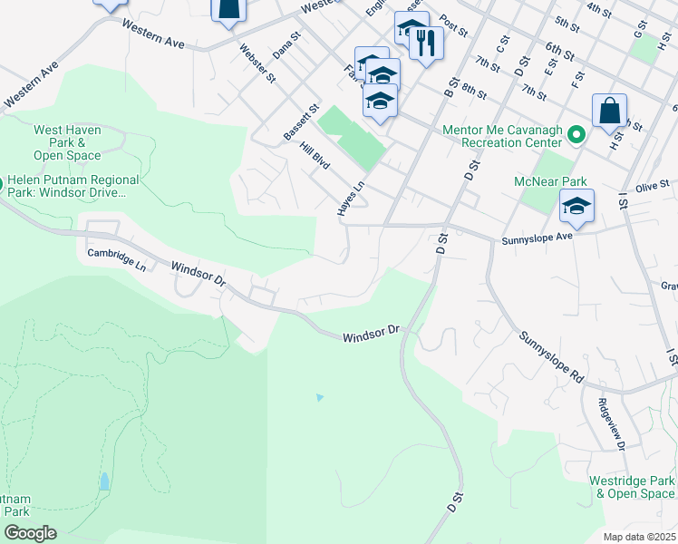 map of restaurants, bars, coffee shops, grocery stores, and more near 539 Hayes Lane in Petaluma