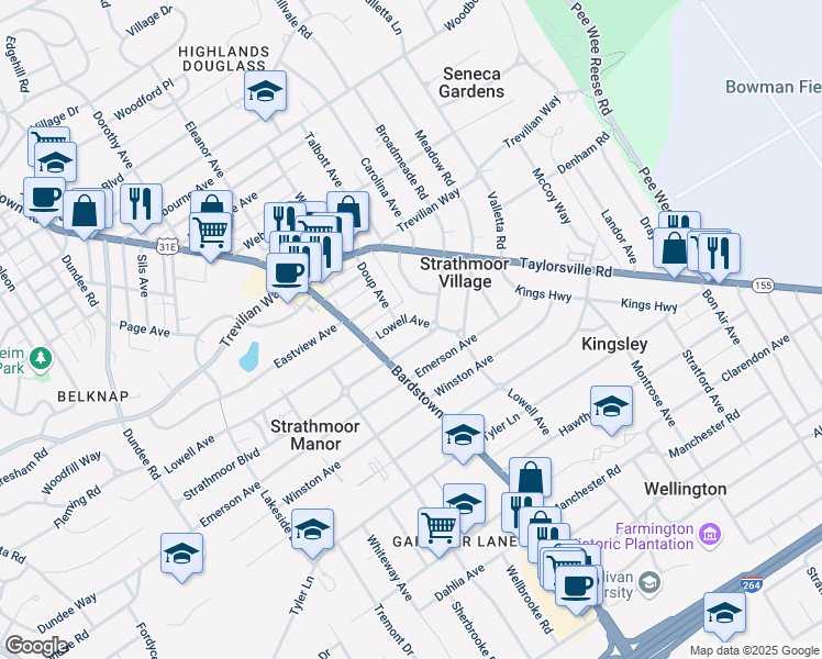 map of restaurants, bars, coffee shops, grocery stores, and more near in Strathmoor Village