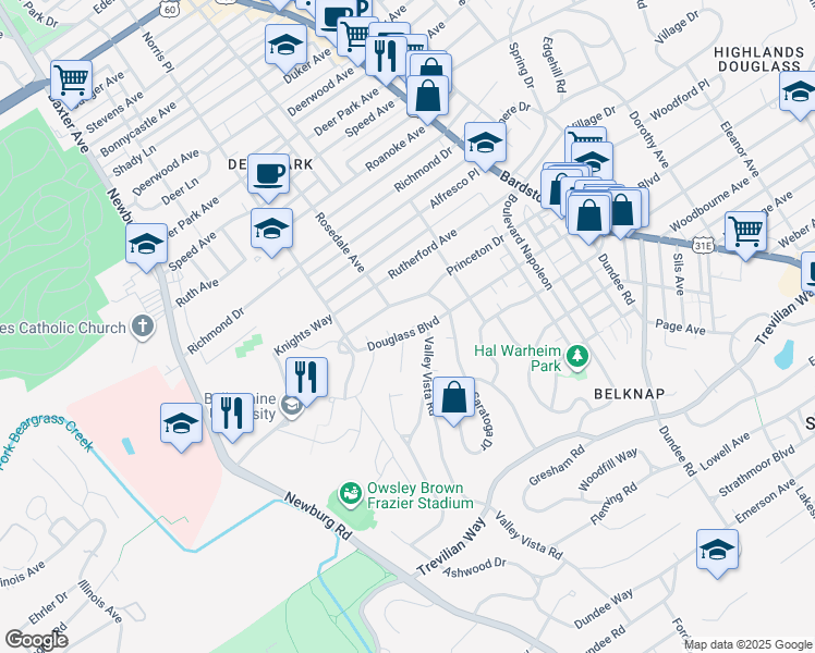 map of restaurants, bars, coffee shops, grocery stores, and more near 1839 Douglass Boulevard in Louisville