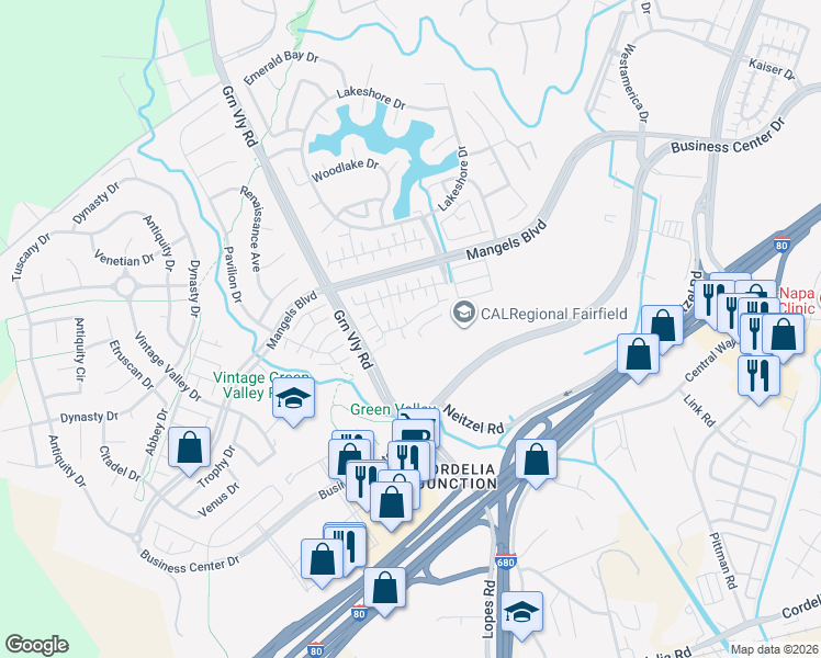 map of restaurants, bars, coffee shops, grocery stores, and more near 520 Verduzzo Court in Fairfield