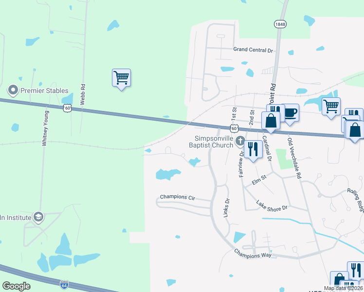 map of restaurants, bars, coffee shops, grocery stores, and more near 110 Just a Mere Lane in Simpsonville