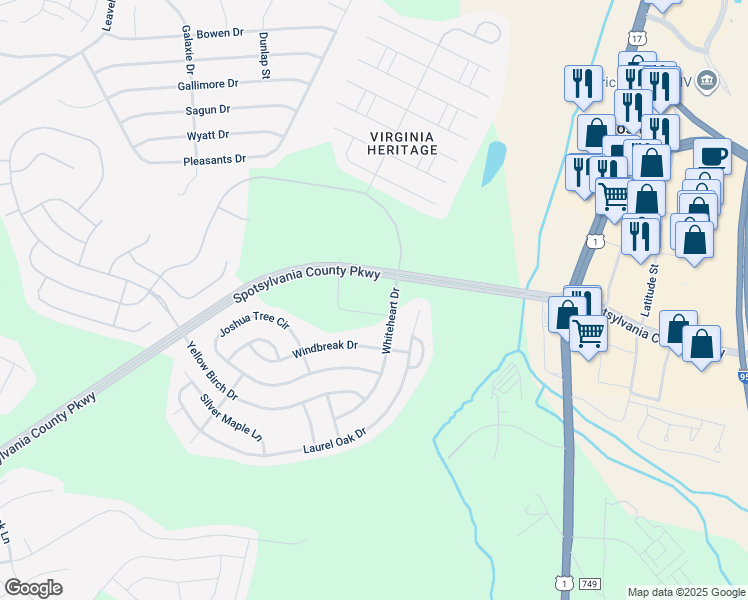 map of restaurants, bars, coffee shops, grocery stores, and more near 5000 Spotsylvania County Parkway in Fredericksburg