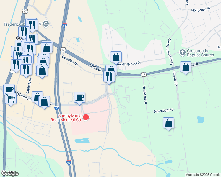 map of restaurants, bars, coffee shops, grocery stores, and more near 98145 Hospital Boulevard in Fredericksburg