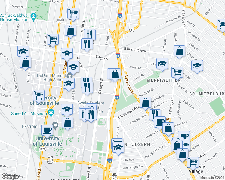 map of restaurants, bars, coffee shops, grocery stores, and more near 1700 Arthur Street in Louisville