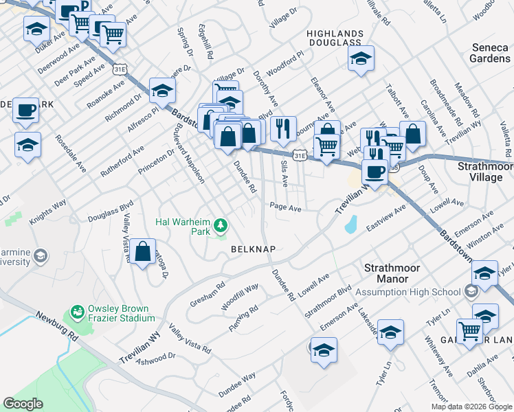 map of restaurants, bars, coffee shops, grocery stores, and more near 2326 Dundee Road in Louisville
