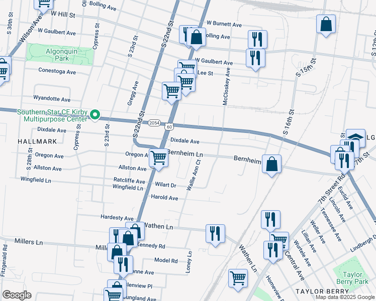 map of restaurants, bars, coffee shops, grocery stores, and more near 1783 Bernheim Lane in Louisville