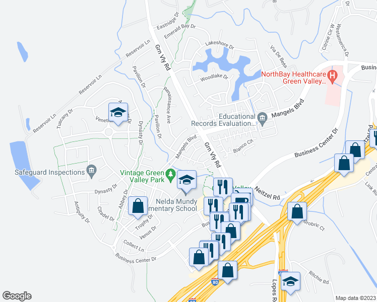 map of restaurants, bars, coffee shops, grocery stores, and more near 5070 Equestrian Court in Fairfield