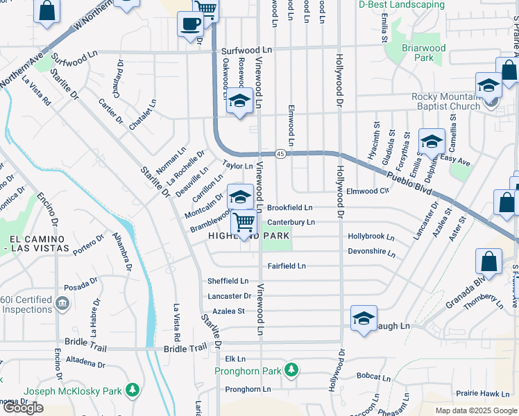 map of restaurants, bars, coffee shops, grocery stores, and more near 2701 Vinewood Lane in Pueblo