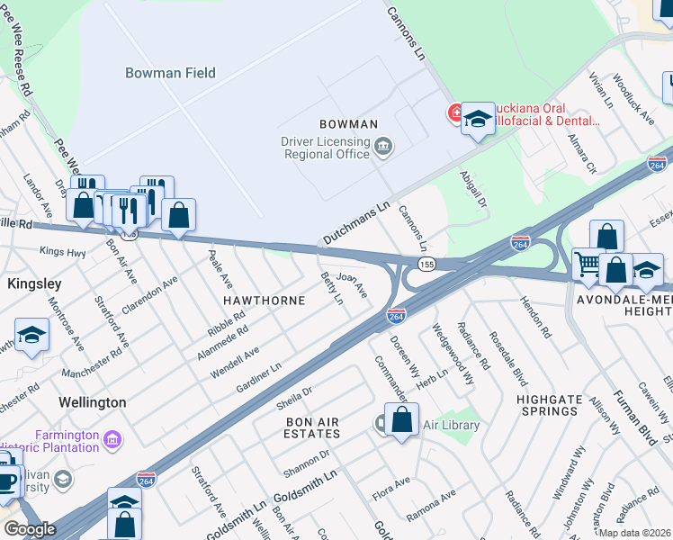 map of restaurants, bars, coffee shops, grocery stores, and more near 2805 Joan Avenue in Louisville