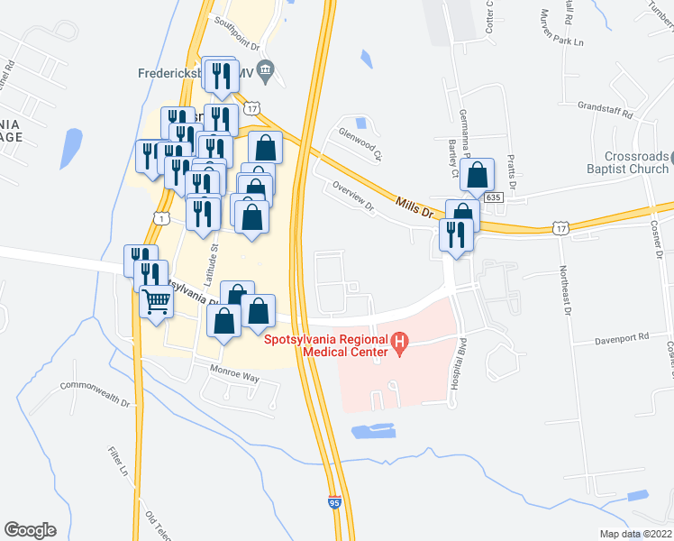 map of restaurants, bars, coffee shops, grocery stores, and more near 9514 Silver Collection Circle in Fredericksburg