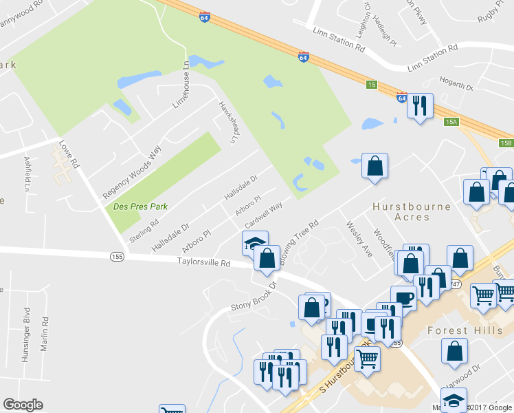 map of restaurants, bars, coffee shops, grocery stores, and more near 1817 Arboro Place in Louisville