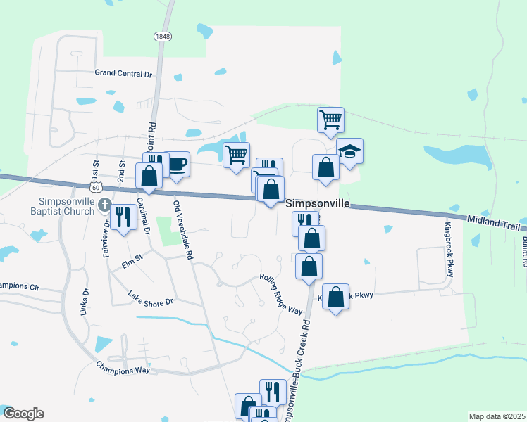 map of restaurants, bars, coffee shops, grocery stores, and more near 6910 Shelbyville Road in Simpsonville