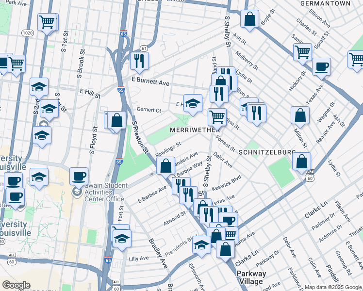 map of restaurants, bars, coffee shops, grocery stores, and more near 608 Rawlings Street in Louisville