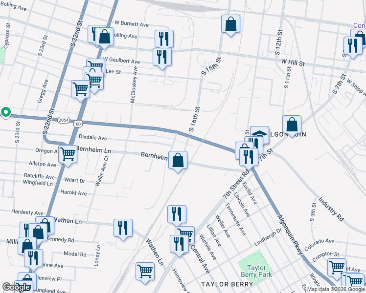 map of restaurants, bars, coffee shops, grocery stores, and more near 2022 South 16th Street in Louisville