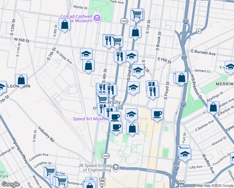 map of restaurants, bars, coffee shops, grocery stores, and more near 1809 South 3rd Street in Louisville