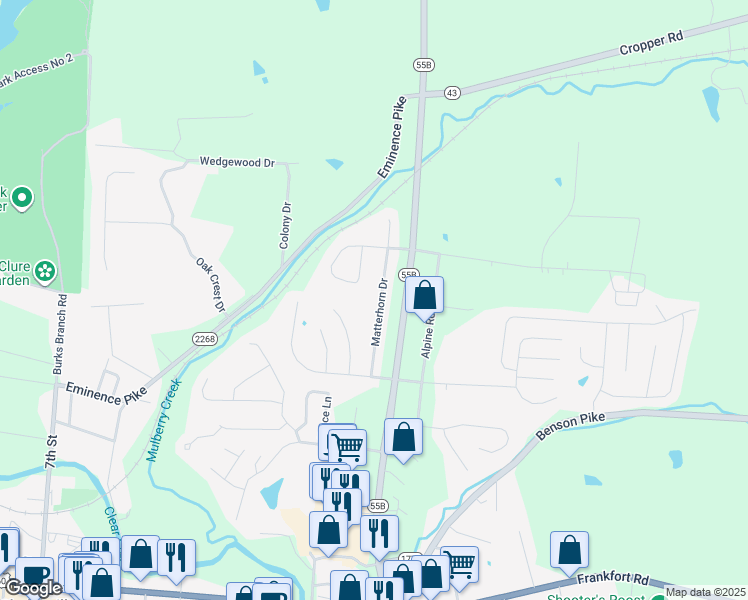 map of restaurants, bars, coffee shops, grocery stores, and more near 527 Matterhorn Drive in Shelbyville
