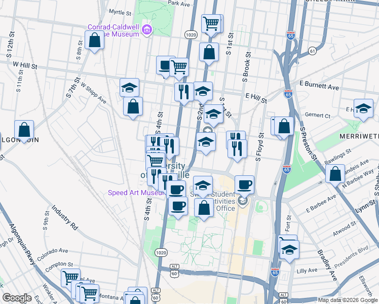 map of restaurants, bars, coffee shops, grocery stores, and more near 1800 South 2nd Street in Louisville
