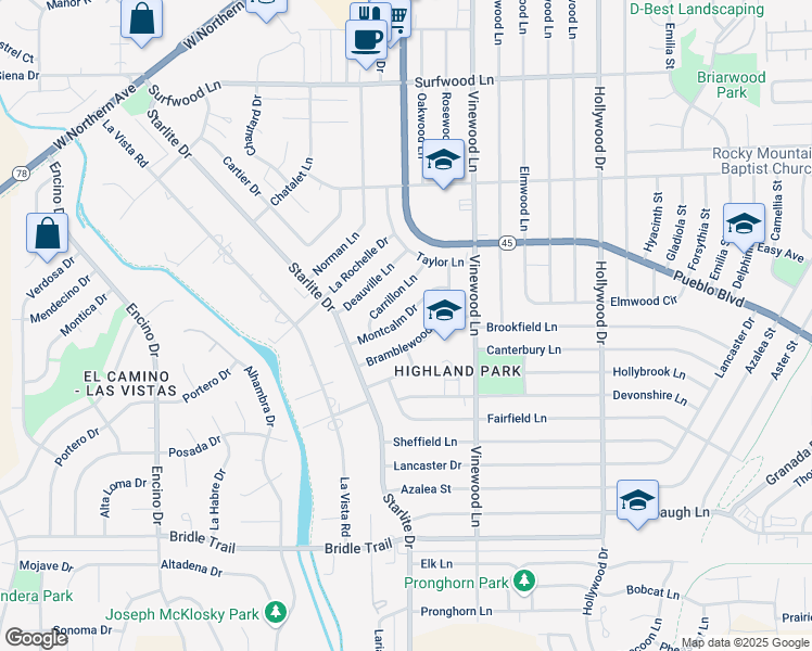 map of restaurants, bars, coffee shops, grocery stores, and more near 120 Montcalm Drive in Pueblo