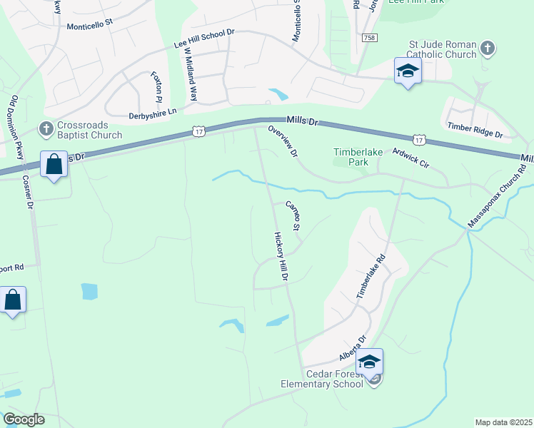 map of restaurants, bars, coffee shops, grocery stores, and more near 9522 Hickory Hill Drive in Fredericksburg