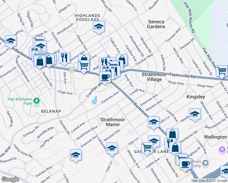 map of restaurants, bars, coffee shops, grocery stores, and more near 2169 Eastview Avenue in Louisville