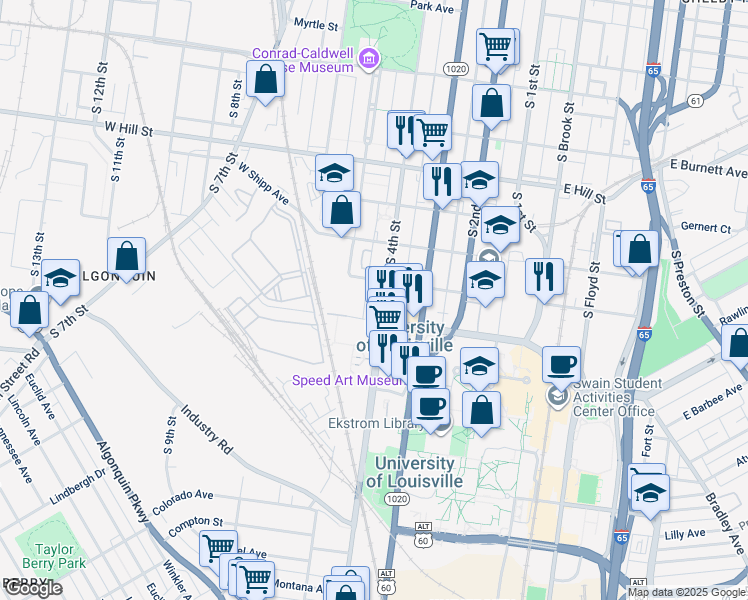 map of restaurants, bars, coffee shops, grocery stores, and more near 325 West Cardinal Boulevard in Louisville