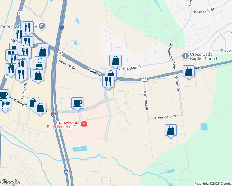 map of restaurants, bars, coffee shops, grocery stores, and more near 9502 Moores Creek Drive in Fredericksburg