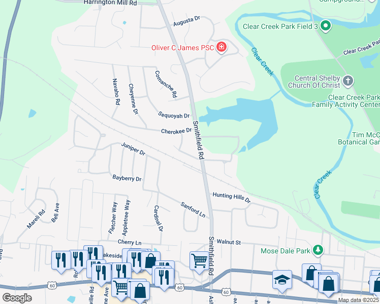 map of restaurants, bars, coffee shops, grocery stores, and more near 5 Seminole Drive in Shelbyville