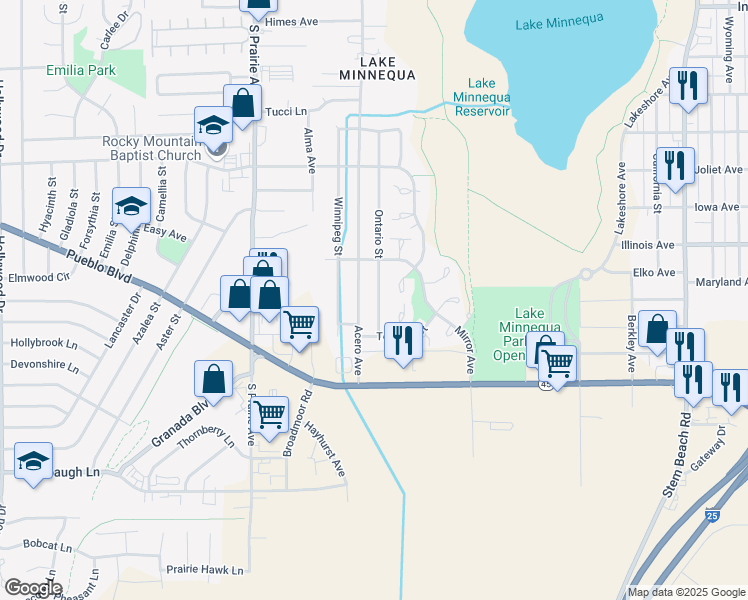 map of restaurants, bars, coffee shops, grocery stores, and more near 2827 Ontario Street in Pueblo