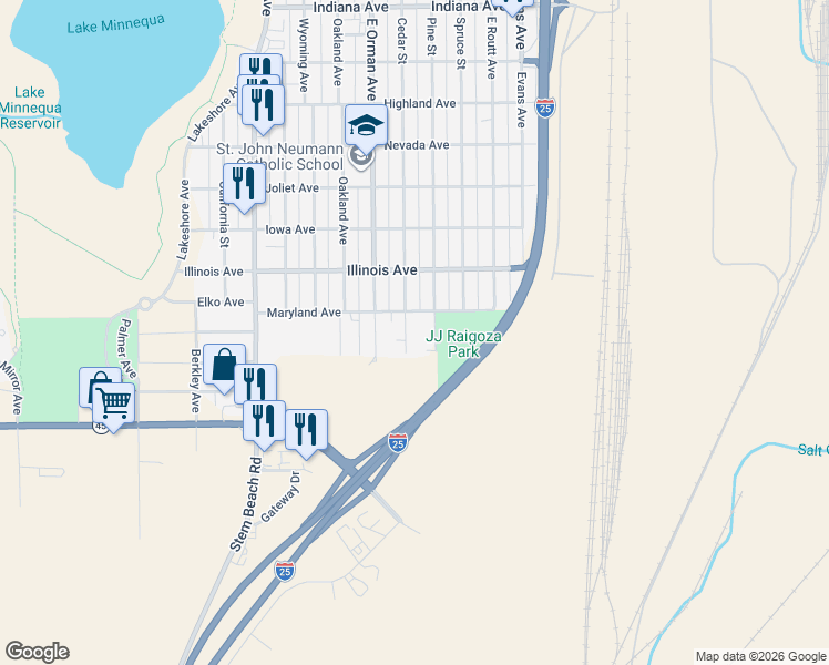 map of restaurants, bars, coffee shops, grocery stores, and more near 2812 Cedar Street in Pueblo