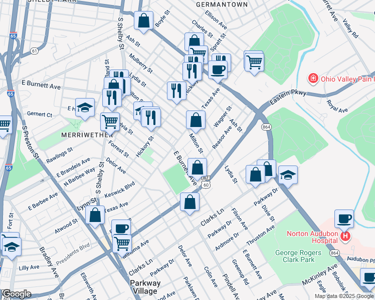 map of restaurants, bars, coffee shops, grocery stores, and more near 909 Wagner Street in Louisville