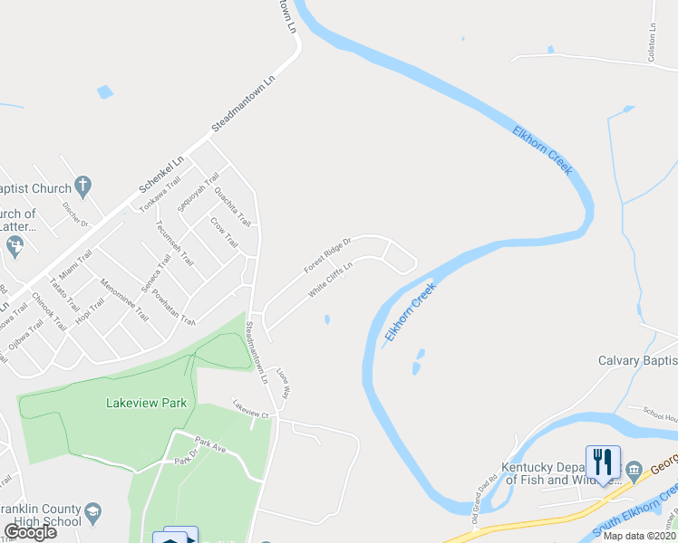 map of restaurants, bars, coffee shops, grocery stores, and more near 205 White Cliffs Lane in Frankfort