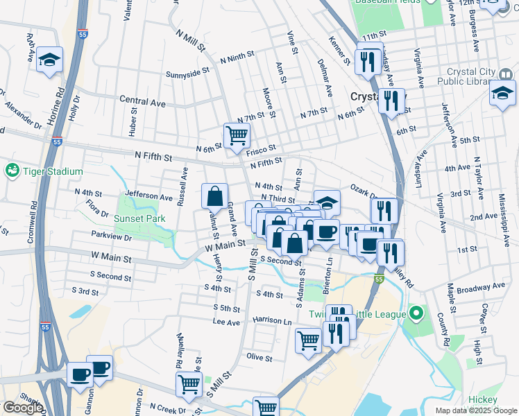 map of restaurants, bars, coffee shops, grocery stores, and more near 212 North Mill Street in Festus