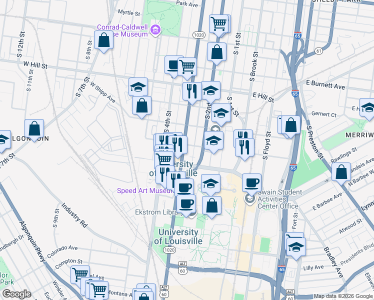 map of restaurants, bars, coffee shops, grocery stores, and more near 1807 South 3rd Street in Louisville
